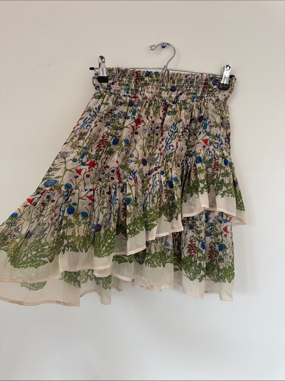 Maje Cream Asymmetrical Floral Tiered Skirt with Green & Blue Print - Picture 2 of 7